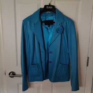 Wilsons PELLE STUDIO Leather Teal Jacket with Floral Accent~NWOT-VINTAGE